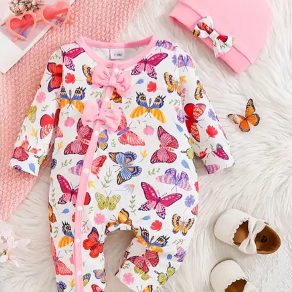 Pink Butterfly Print Kids Footie